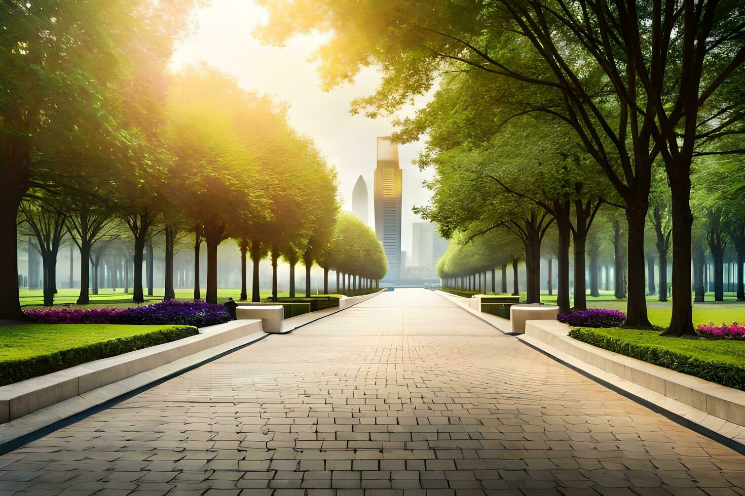 AI generated a cityscape with a park and a walkway photo