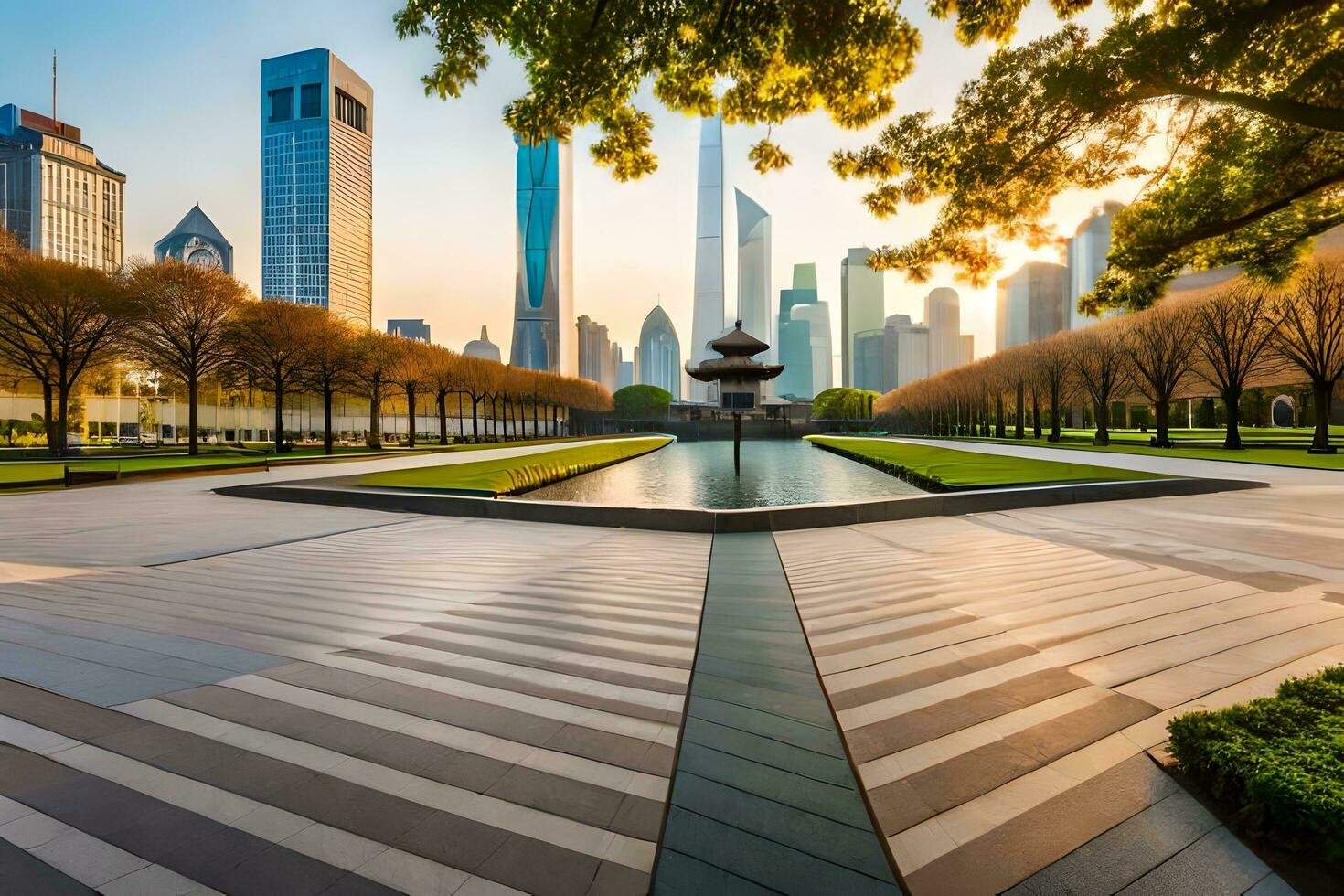 AI generated a cityscape with a park and a walkway photo