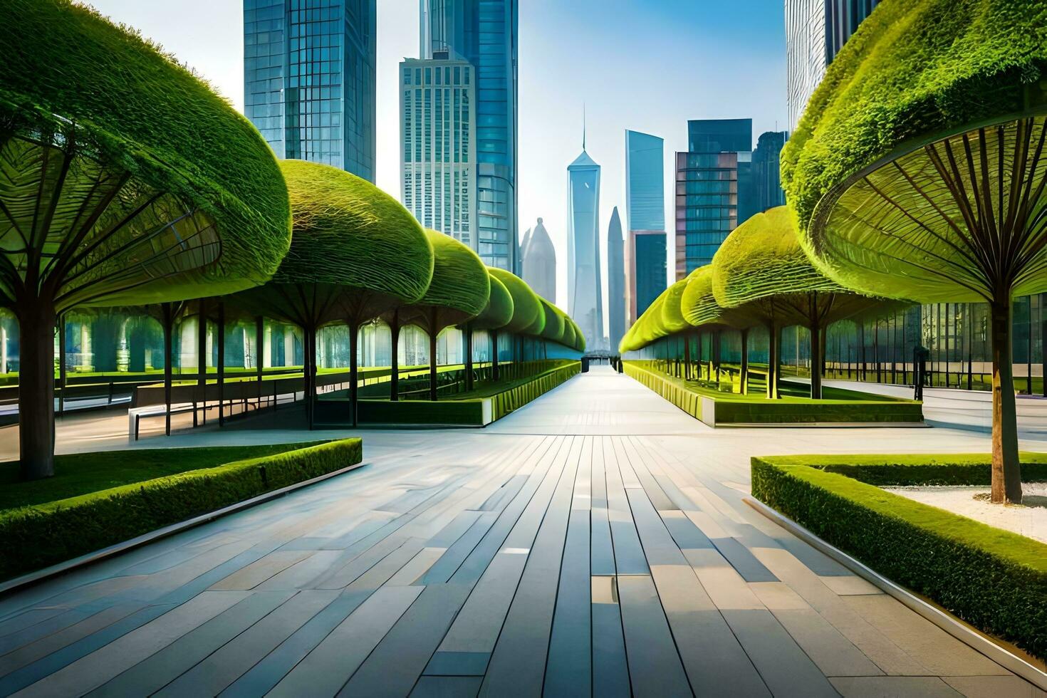 AI generated a cityscape with a park and a walkway photo