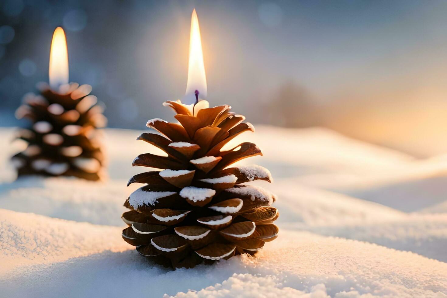 AI generated a candle is lit in the snow with pine cones photo