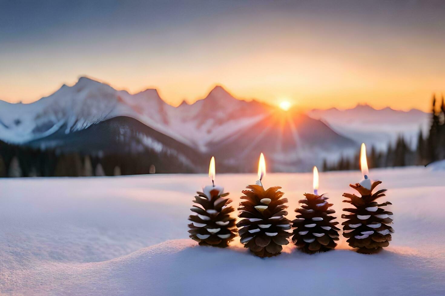 AI generated a candle is lit in the snow with pine cones photo