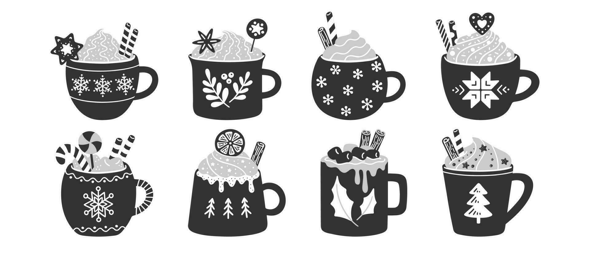 Vector illustration of winter hot drinks in cute cups.
