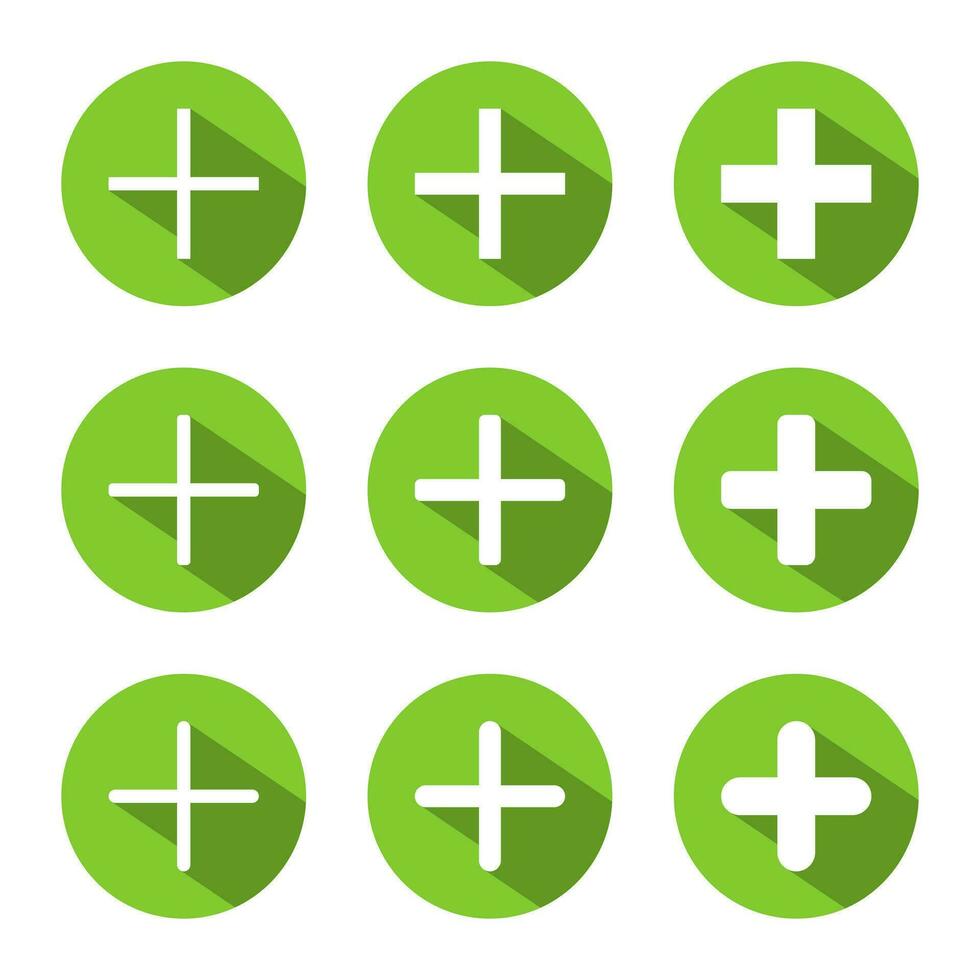 Add button icon set collection with long shadow. Plus sign symbol vector