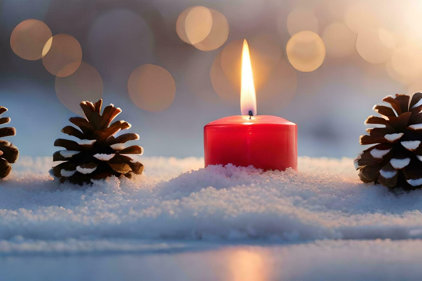 AI generated a candle is lit in the snow with pine cones photo