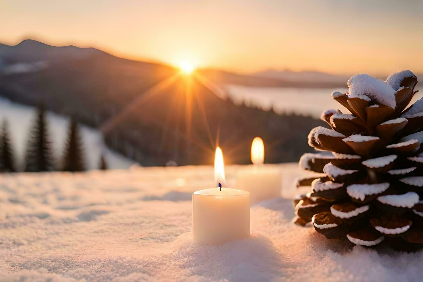 AI generated a candle is lit in the snow with pine cones photo