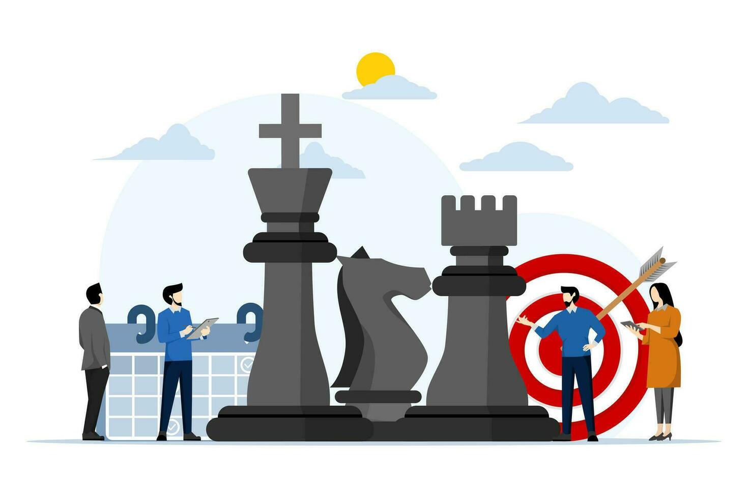 Business strategy concept. Chess game. Big chess pieces and small people work in data analysis, strategic planning and successful business. modern flat cartoon. Vector illustration on white background