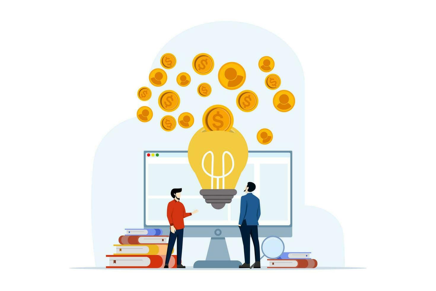 Concept of big idea, light bulb, creativity and innovation to change or create new products, brainstorming, startup, solution to solve problems, entrepreneurship and business, vector illustration.