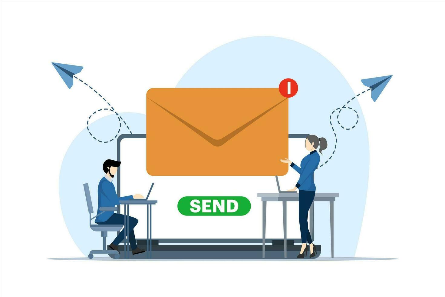 Email marketing concept, mobile phone and computer with new email notification, direct digital marketing, unread message reminder, emails and messages, email marketing campaign, new email message. vector