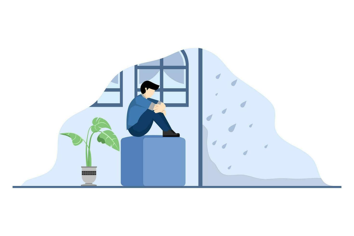 stress concept, man suffering from depression, unhappy depressed young man sitting, curled up on the sofa at home, crying, vector illustration for mental illness, sadness, flat vector illustration.