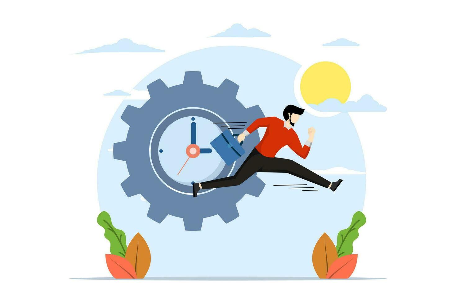 time management concept, office worker character running with clock and gears. Time limits and peak hours. Time organization efficiency. deadlines. Good business processes. office entry limit. vector