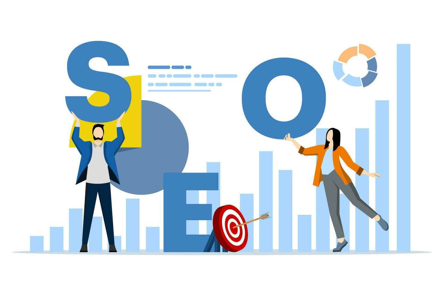 seo análisis concepto. parte superior clasificación. el seo mejoramiento grafico es creciente y el grande flecha es señalando hacia arriba. actuación marketing, analítica y buscar motor clasificaciones vector ilustración.