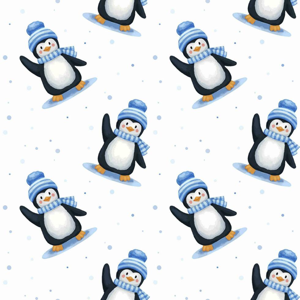 Seamless watercolor pattern with cute waving penguin in hat and scarf in winter. Endless pattern for textiles or fabric for newborns. vector