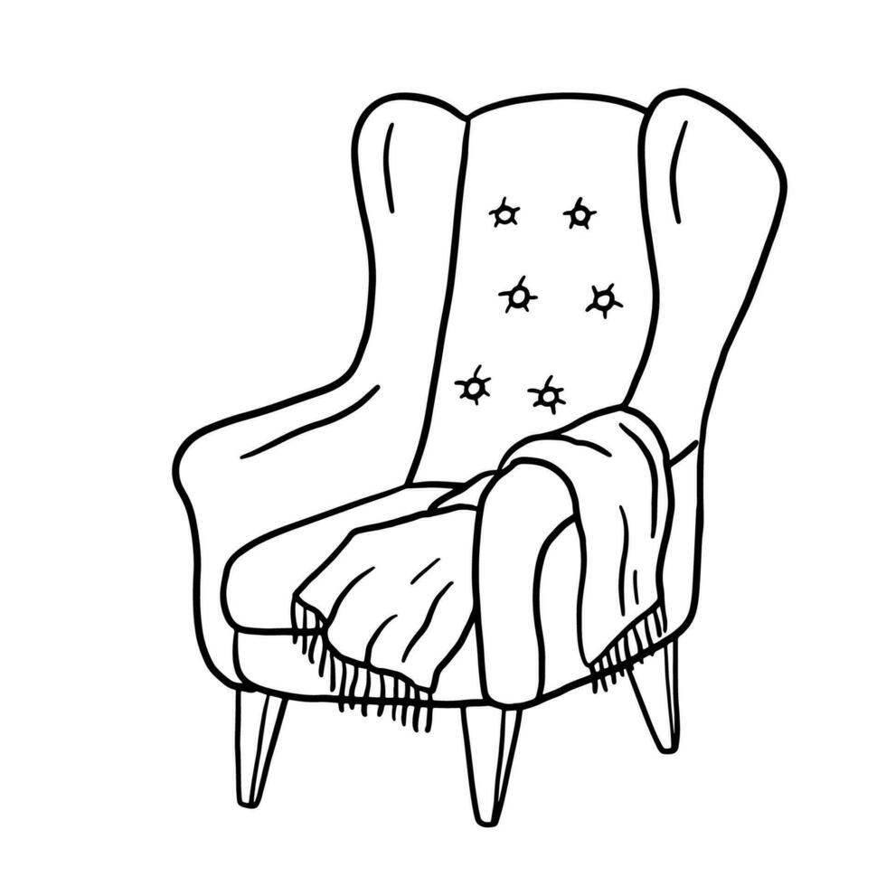 Outline cozy armchair with blanket. Hand drawn line doodle illustration isolated on white vector