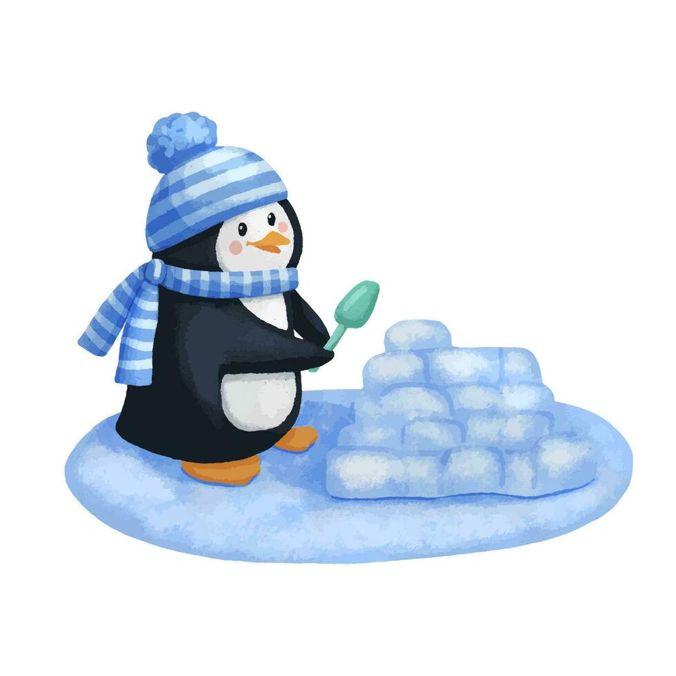 linda pingüino en sombrero y bufanda construye torre o fortaleza fuera de nieve. infantil mano dibujado acuarela personaje aislado en blanco antecedentes. invierno jugar vector