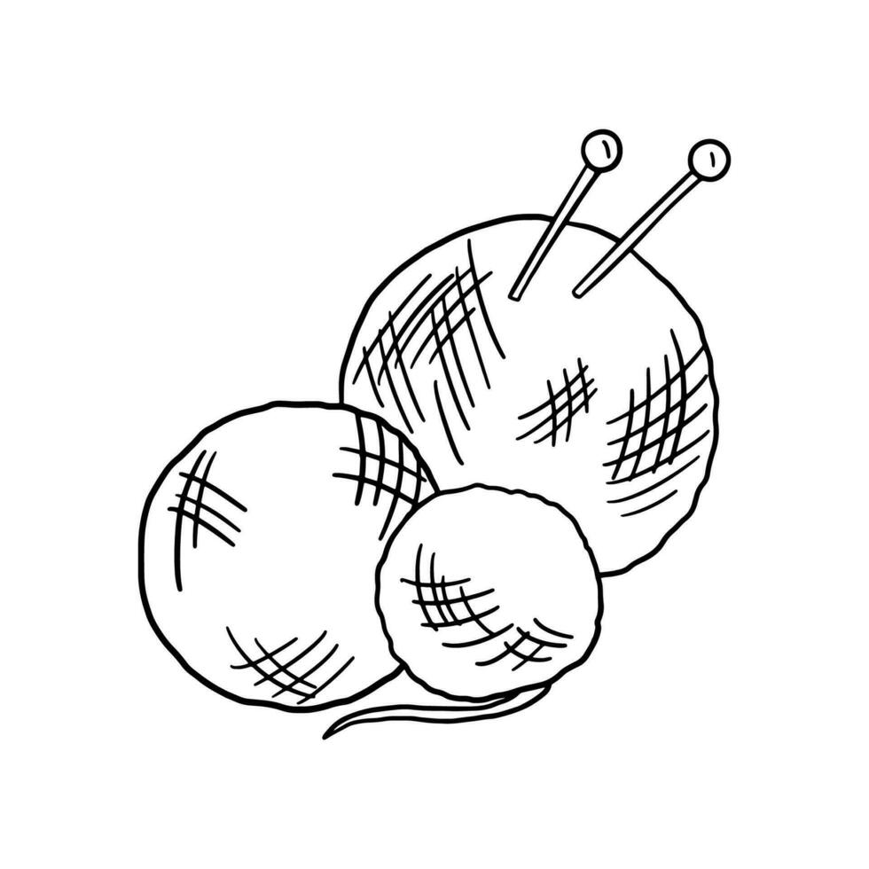 Yarn balls and knitting needles. Knitting needles, balls of wool, skeins of yarn. Hand drawn outline doodle illustration isolated on white vector