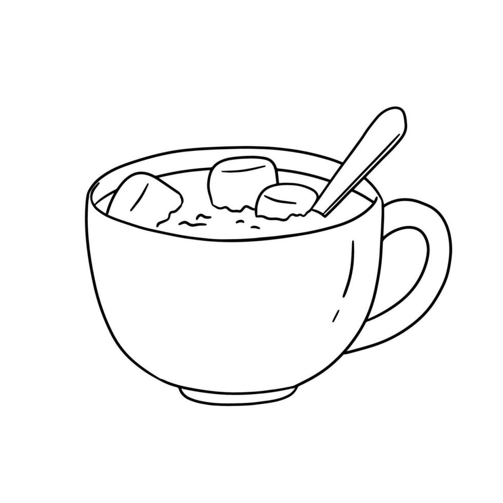 Hot chocolate or cocoa with marshmallow in cup. Hand drawn outline illustration isolated on white background vector