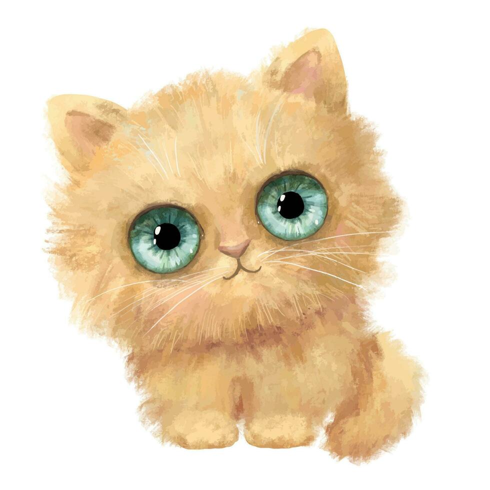 Cute funny fluffy sitting cat with big blue eyes. Watercolor character illustration Isolated on white background. vector