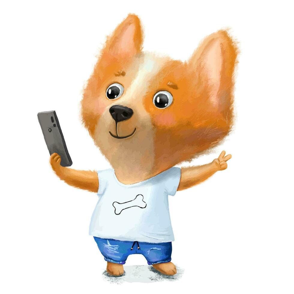 Cute dog corgi taking selfie. Animal character puppy in jeans and T-shirt with phone in hand. Hand drawn illustration isolated on white vector