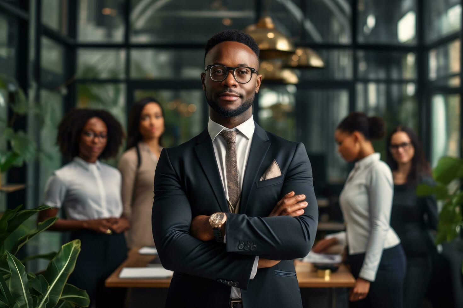 ai generado retrato de confidente africano americano empresario con cruzado brazos en pie en moderno oficina, africano americano empresario jefe con grupo de negocio personas en creativo oficina foto