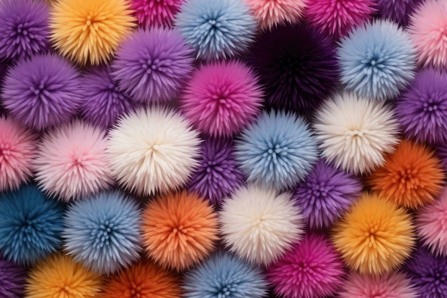 AI generated background of multicolor pompoms, close-up, macro, Abstract background with colorful pompoms, AI Generated photo