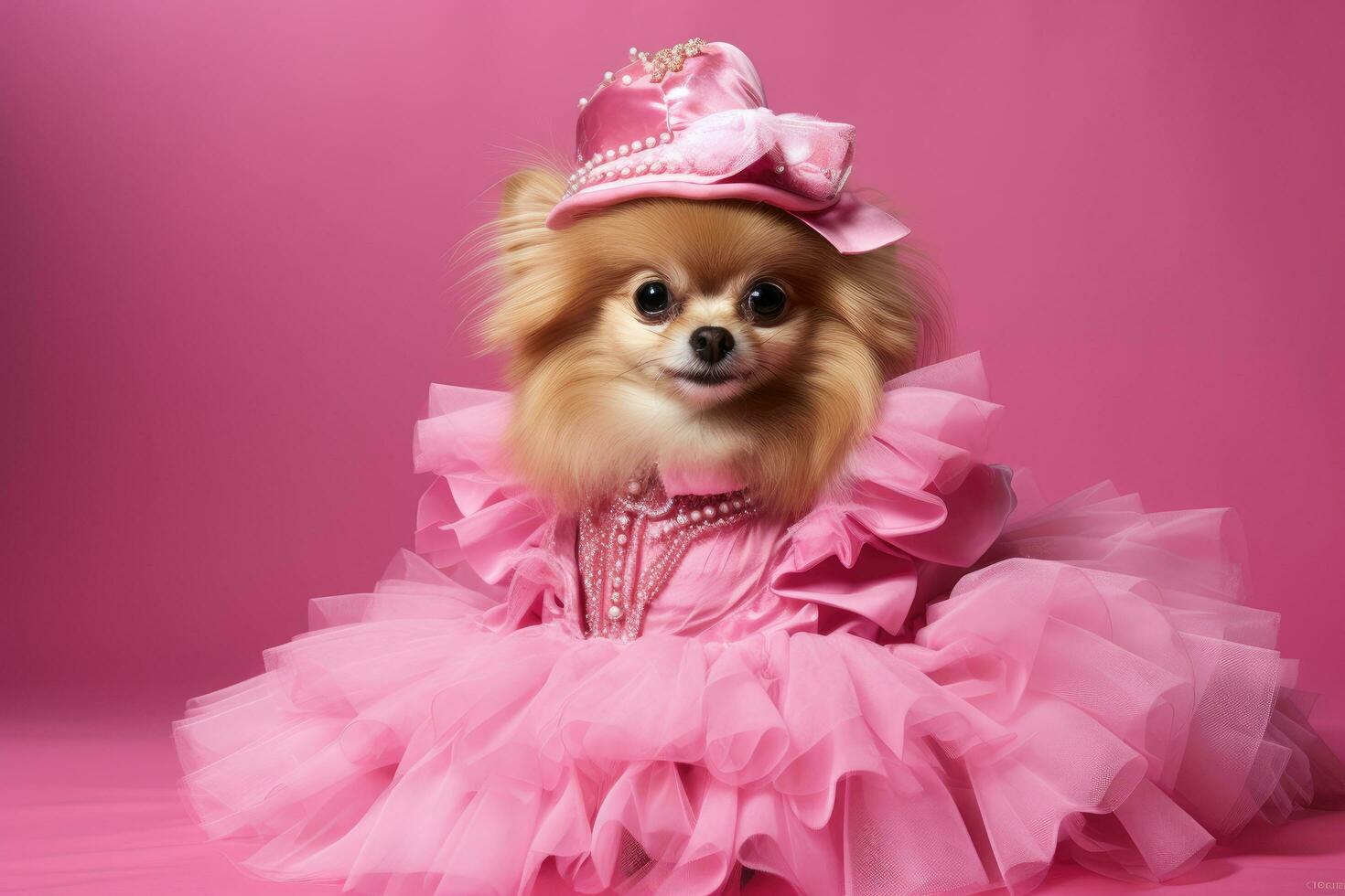 AI generated Cute little chihuahua in pink tutu on pink background, Adorable dog in a pink Barbie costume, AI Generated photo