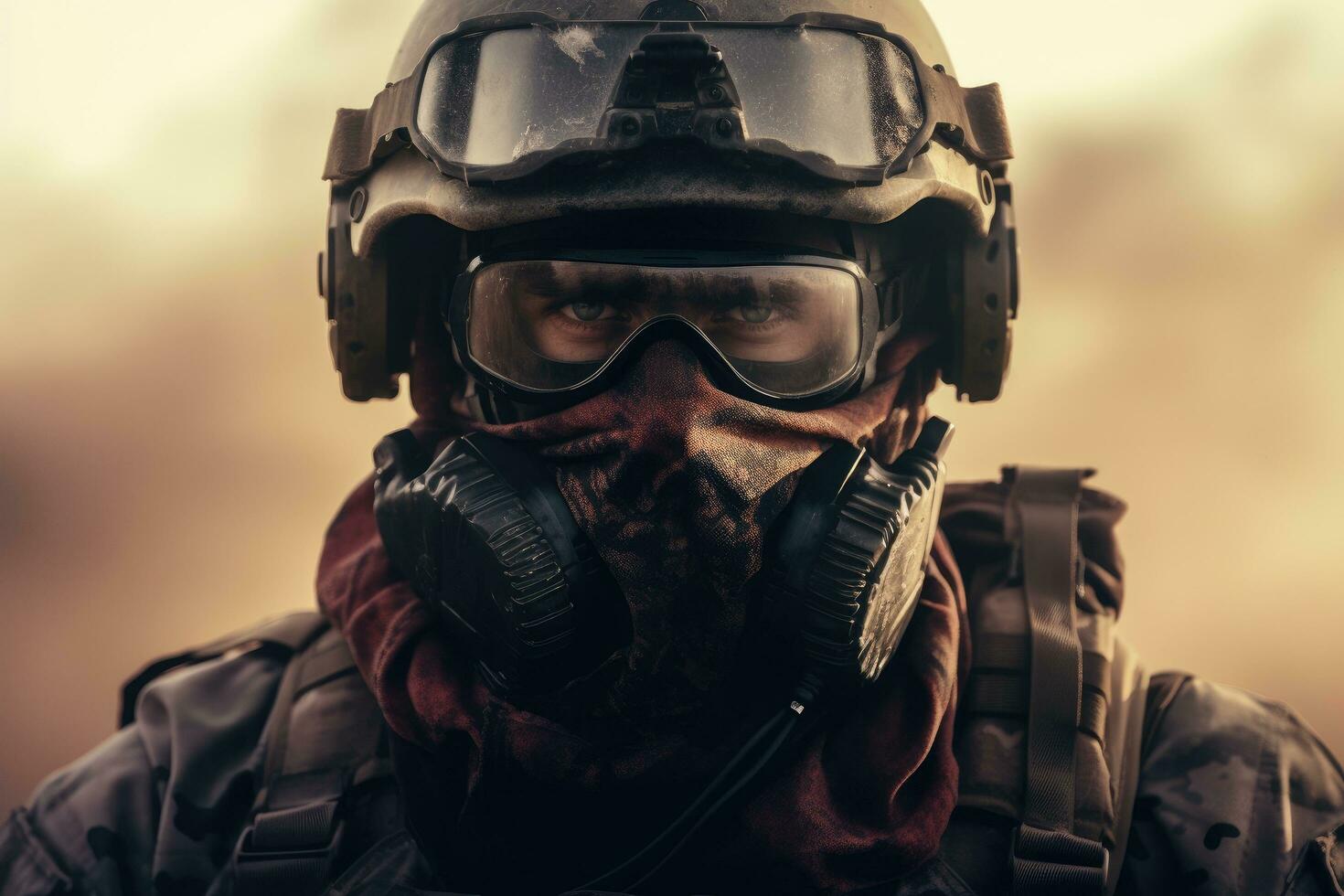 AI generated Portrait of a special forces soldier in full gear on blurred background, A geared-up army soldier stands and looks at the battlefield, battlefield background, face covered with a mask photo