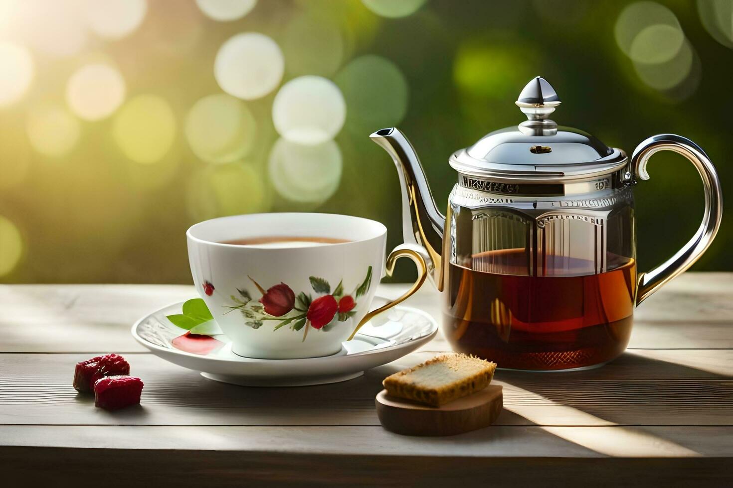 AI generated a blue teapot and a strawberry cake on a wooden table photo