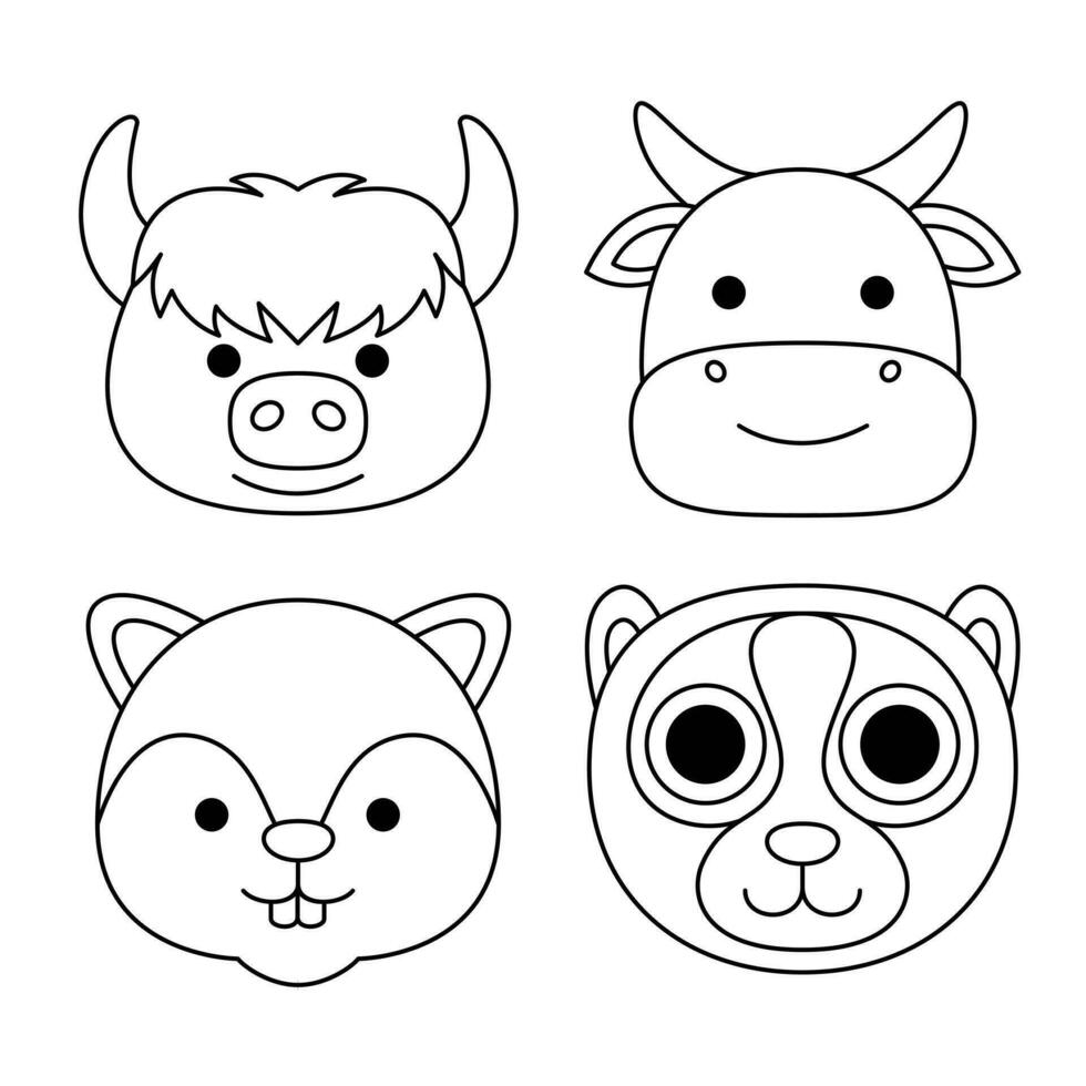 cute animal faces coloring book vector illustration