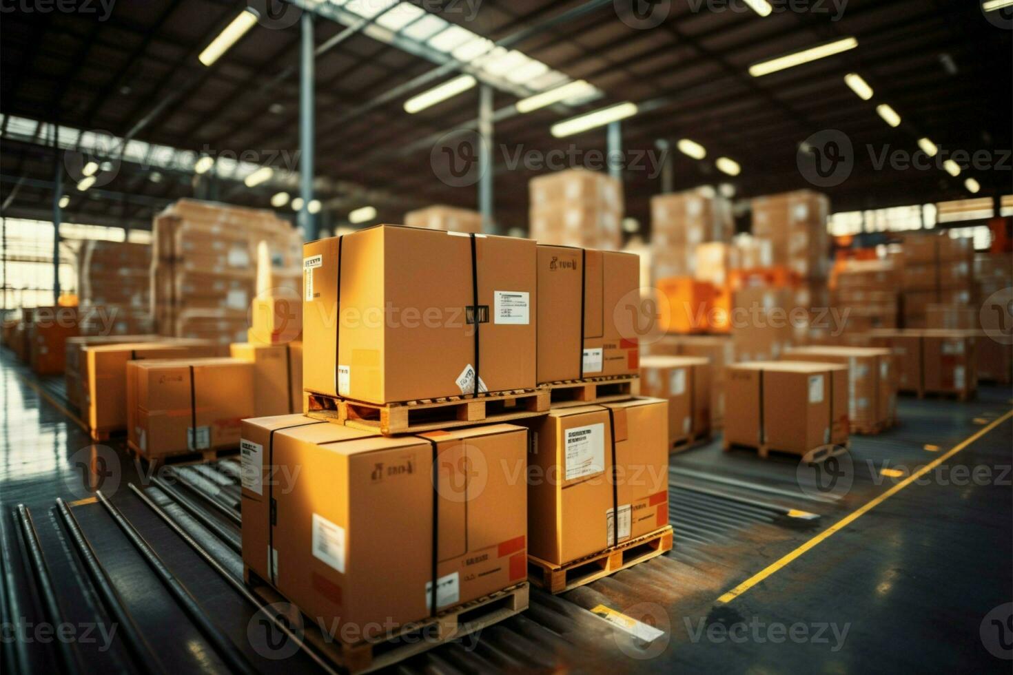 AI generated warehouse goods in cartons factory storage Shipping merchandise room Logistics background  AI Generated photo