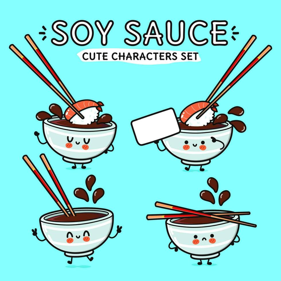 Funny cute happy Bowl of soy sauce characters bundle set. Vector hand drawn doodle style cartoon character. Isolated on blue background. Bowl of soy sauce character collection