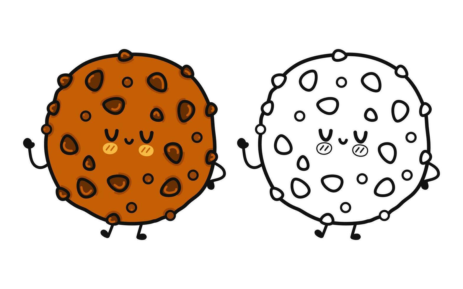 Funny cute happy Chocolate cookies characters bundle set. Vector hand drawn cartoon kawaii character illustration icon. Cute Chocolate cookies. Outline cartoon illustration for coloring book
