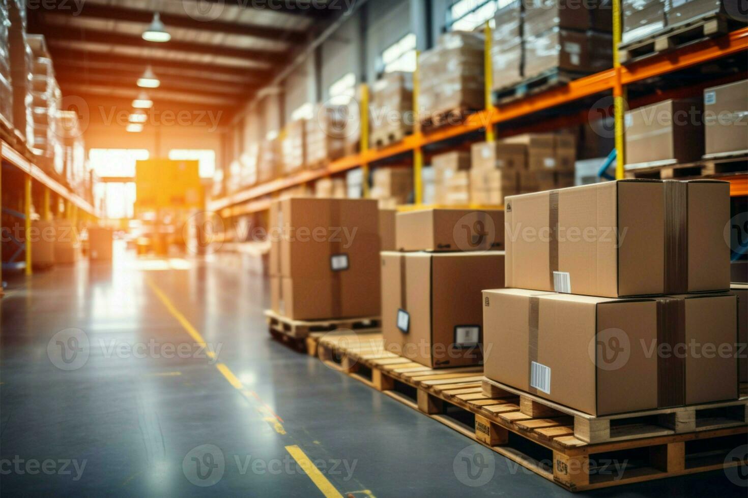 AI generated warehouse goods in cartons factory storage Shipping merchandise room Logistics background  AI Generated photo