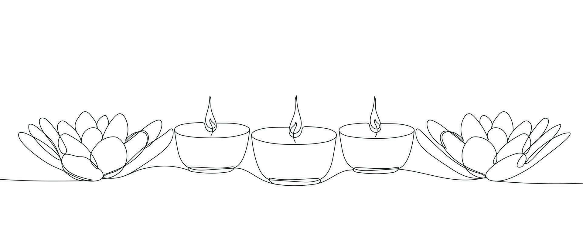 Three candles and lotuses contour drawing banner. Vector continuous one line drawing oil lamps for diwali festival in silhouette isolated on a white background. Diwali outline illustration