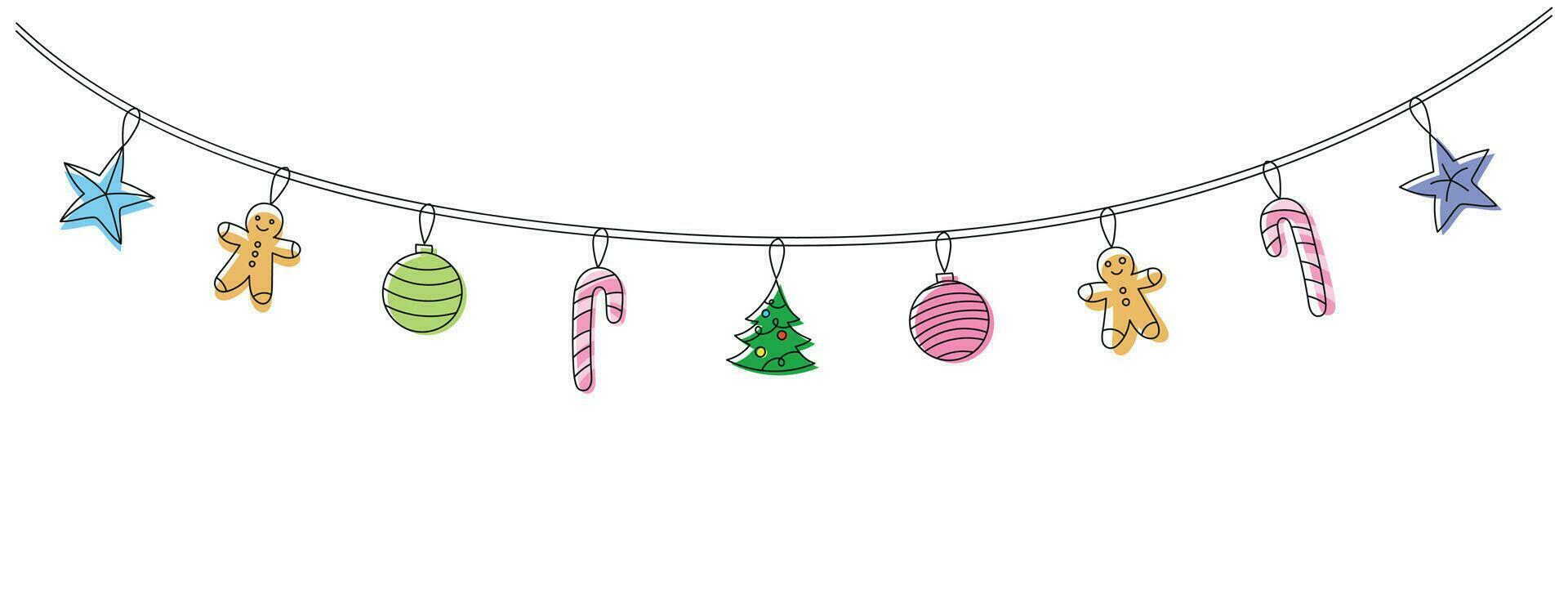 Winter doodle garland with Christmas tree, gingerbread man, balls, candy cane. Vector illustration of Christmas new year festive background