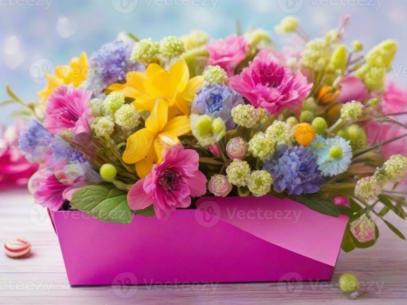 AI Generated flowers set. beautiful luxury bouquet in the box. the work of the florist at a flower shop. photo