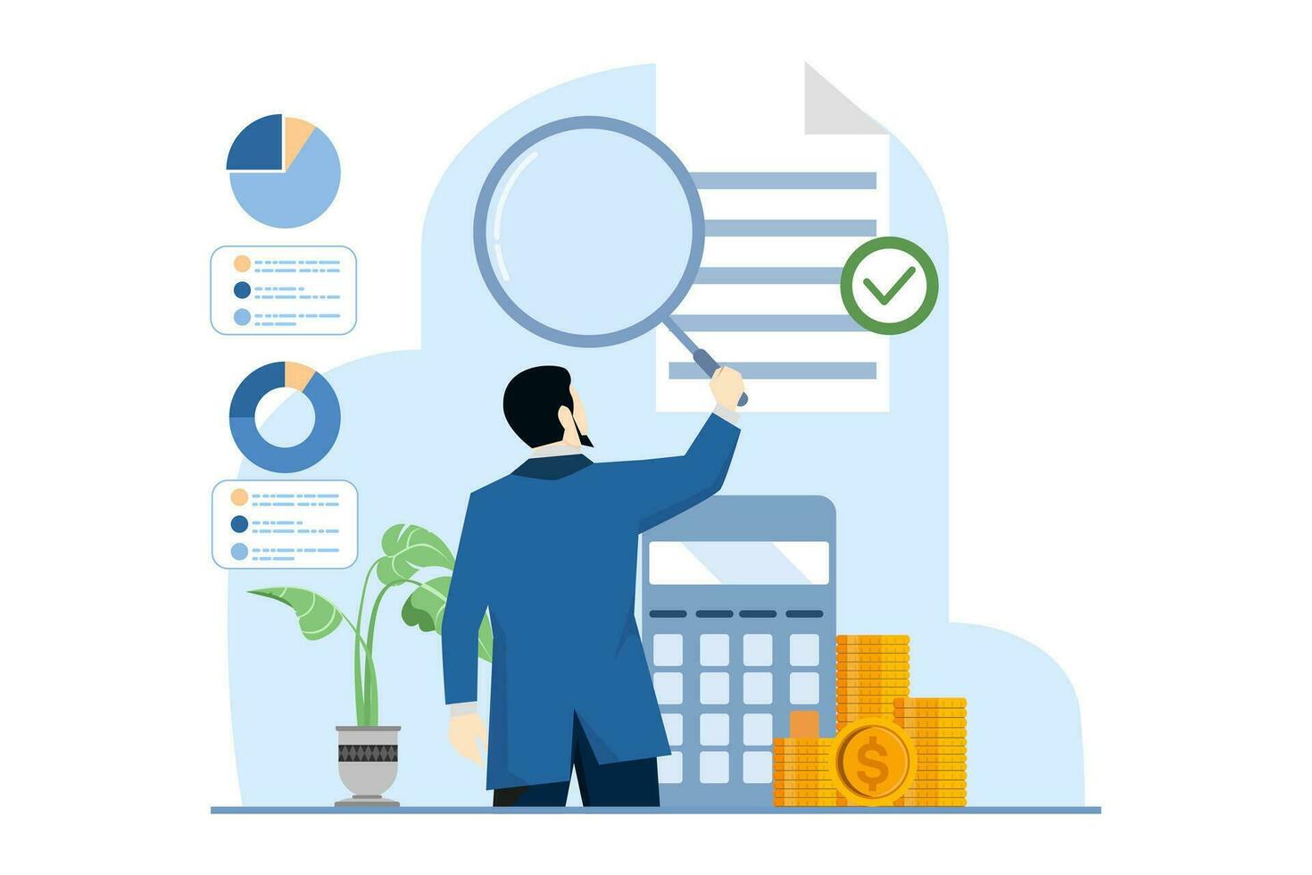 Audit process in business, Professionals evaluate financial records, Internal audit, third party verification, clear reports, Integrity, accuracy, transparency in finance, Flat vector illustration.