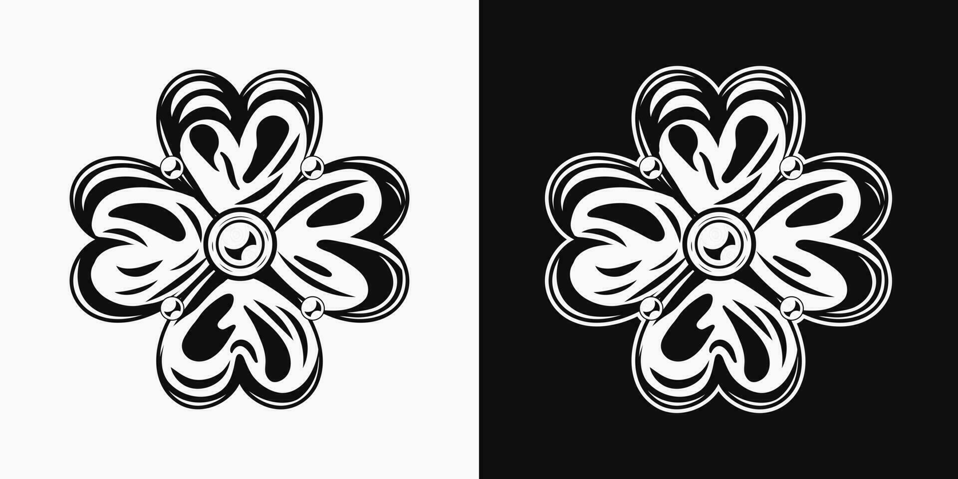 Black and white illustration of lucky clover, shamrock with four leaves. St Patrick's Day decoration. Vintage style vector