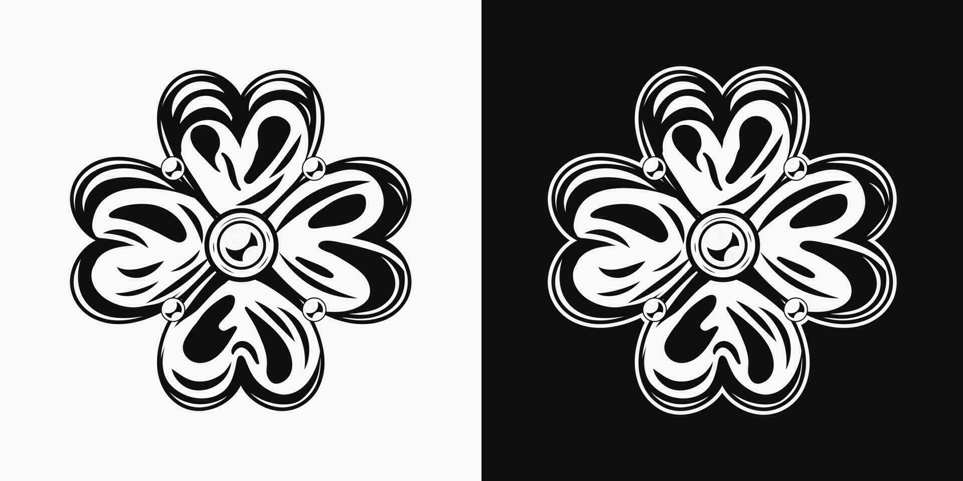 Black and white illustration of lucky clover, shamrock with four leaves. St Patrick's Day decoration. Vintage style vector