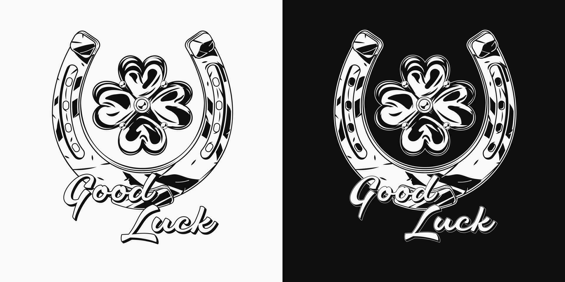 St Patricks Day label with golden horseshoe, four leaves shamrock, clover, text Good Luck. For prints, clothing, t shirt, surface design. Vintage illustration on black, white background vector