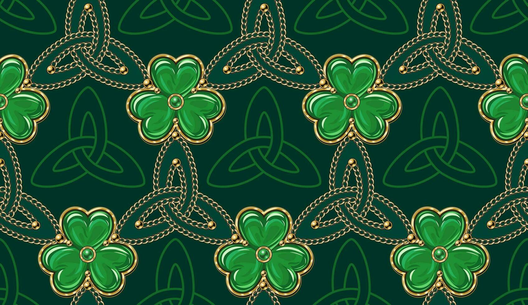 Geometric St Patricks day pattern with celtic triskele sign, gold chains, clover, shamrock like jewelry charm made of green enamel in golden frame. Vintage illustration on dark green background vector