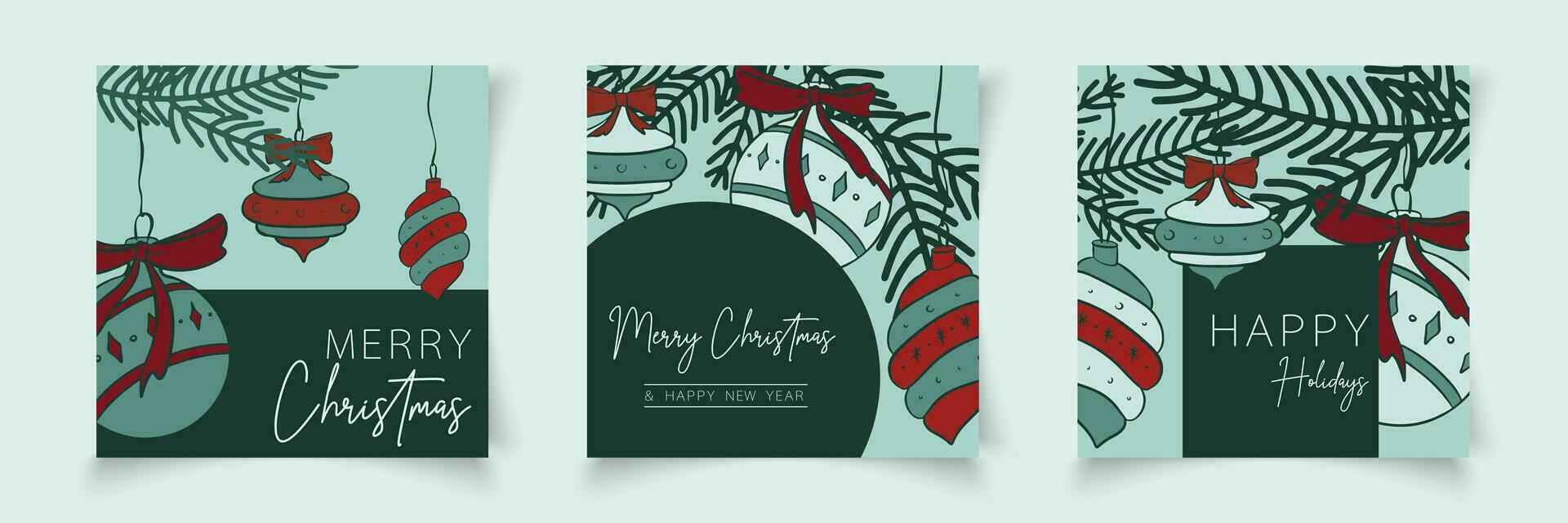 Set of christmas cards templates with branch elements in line art style. Botanical banner xmas frame. Editable vector for sale, card, social media, banner, poster, flyer, web, slide, presentation