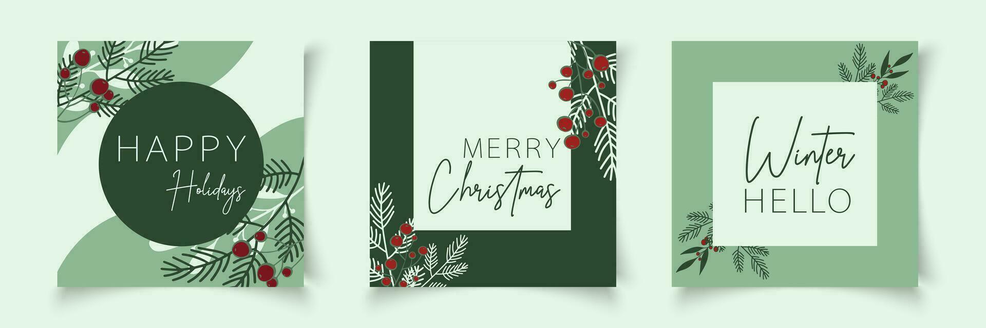 Set of christmas cards templates with branch elements in line art style. Botanical banner xmas frame. Editable vector for sale, card, social media, banner, poster, flyer, web, slide, presentation