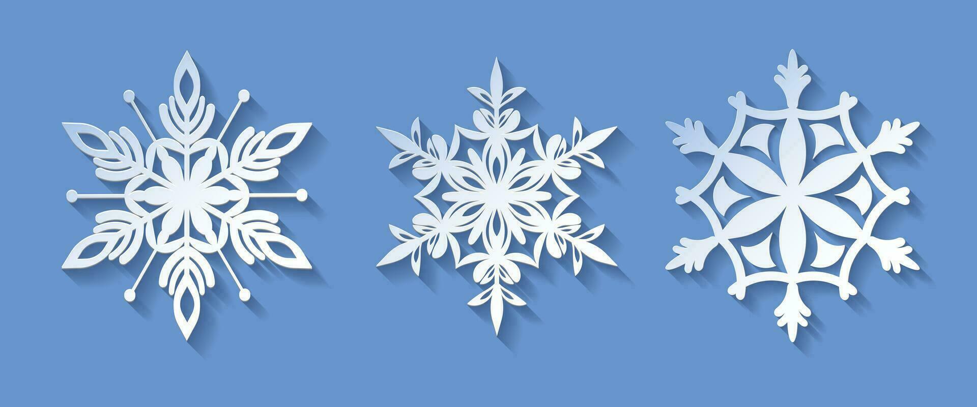 Vector set white christmas paper cut 3d snowflake with shadow on blue colored background. Winter design elements for presentation, banner, cover, web, flyer, card, sale, poster, slide and social media
