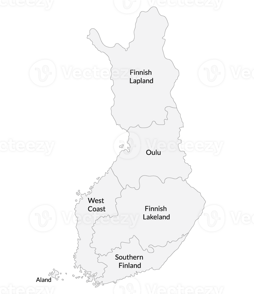 Finland map. Map of Finland divided into six main regions png