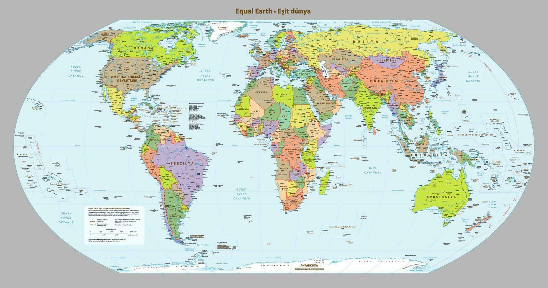Turkish language Political map of the world Equal earth projection vector