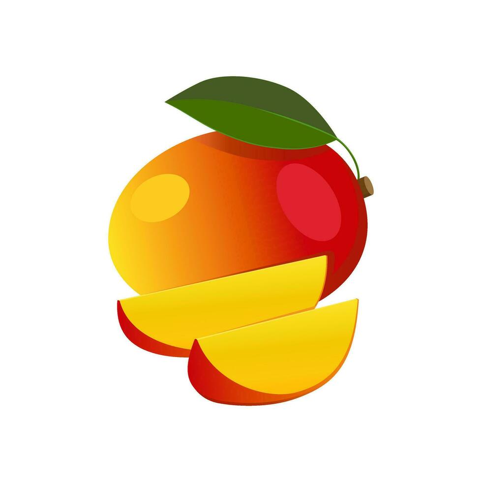 Mango set design with isolated whole sweet tropical fruit and slices. Exotic vegan food in flat detailed vector style for packaging, designs, decorative elements