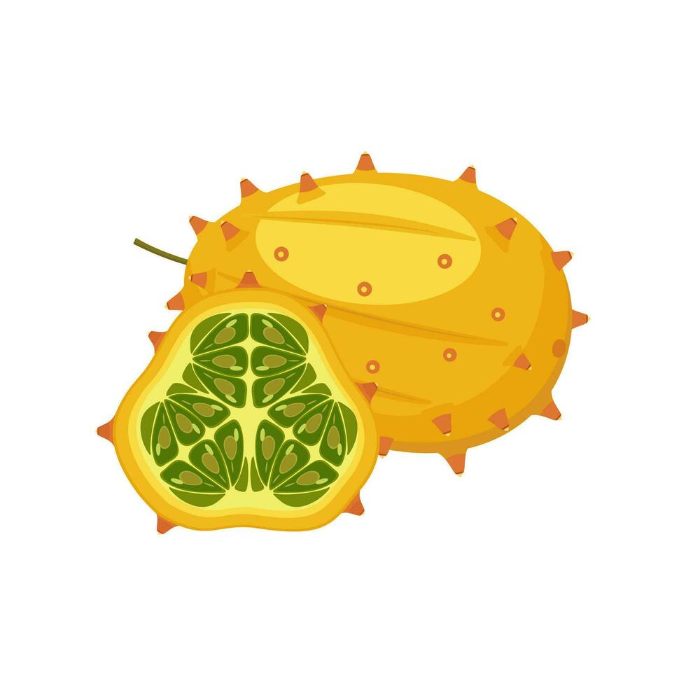 kiwano conjunto diseño con aislado todo y cortar tropical Fruta con cuernos claveteado melón. naranja africano Pepino en plano detallado vector estilo para embalaje, diseños, decorativo elementos