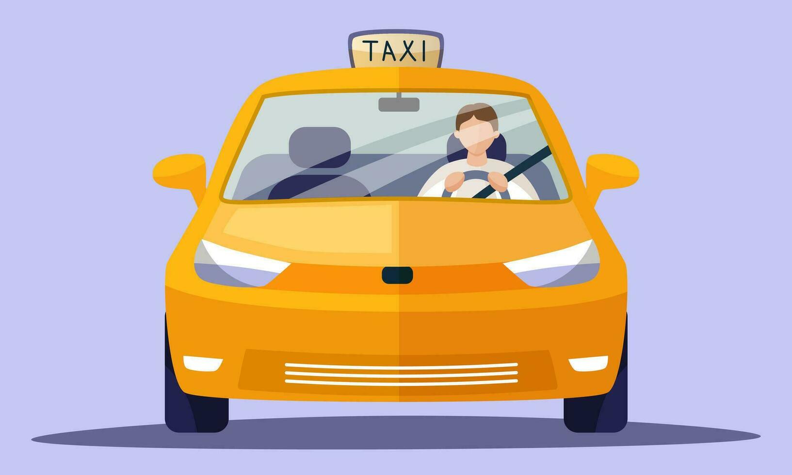Yellow car, yellow taxi, driver in the front seat. Front view of a taxi. City taxi service, transfer, passenger transportation, vehicle, hackney carriage. Vector illustration on a lilac background.