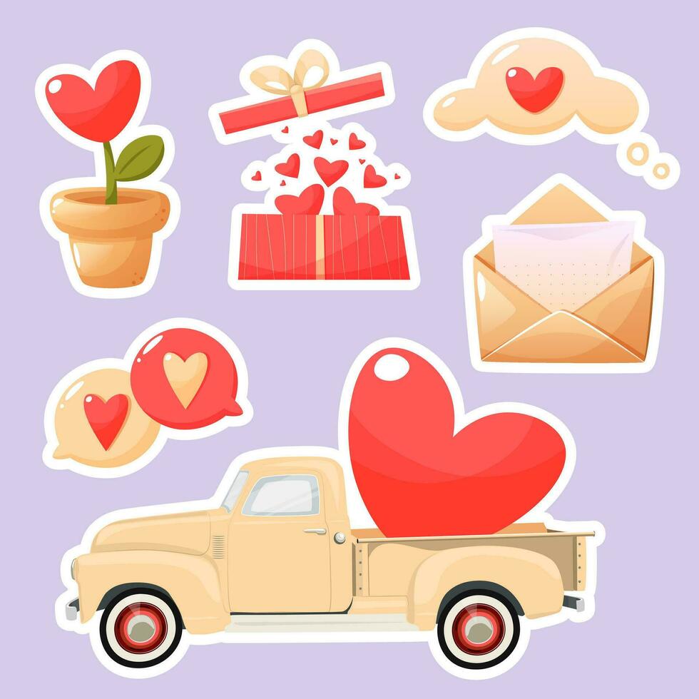 Stickers labels and elements for Valentine's Day, for the day of love. Consists of a letter, plant, thought letter, love messages, pickup with hearts and gifts. Vector illustration on color background