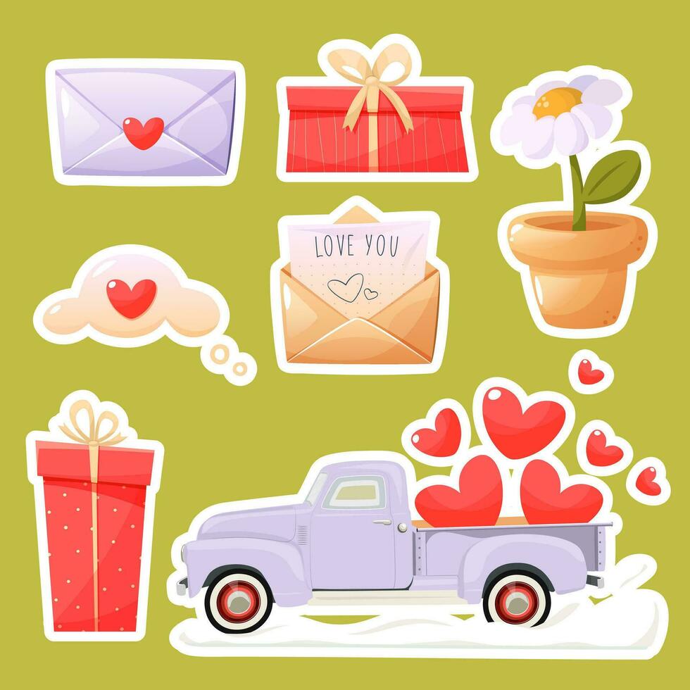 Stickers labels and elements for Valentine's Day, for the day of love. Consists of a letter, plant, thought letter, love messages, pickup with hearts and gifts. Vector illustration on color background